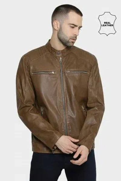 Pre-owned Goldensleather Genuine Camel Beige Lambskin Leather Classic Bomber Biker Jacket For Men