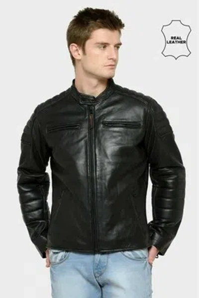 Pre-owned Goldensleather Genuine Quilted Black Lambskin Leather Faded Bomber Biker Jacket For Men