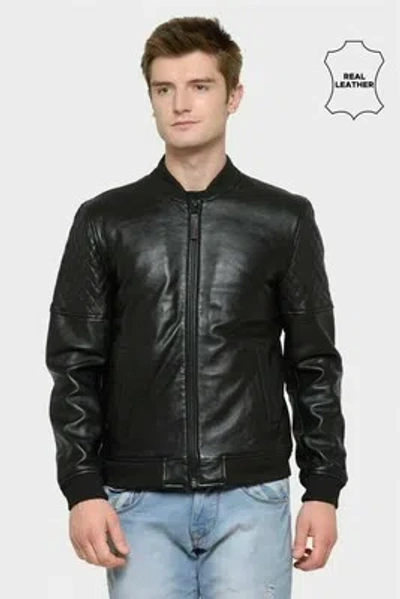 Pre-owned Goldensleather Genuine Quilted Black Lambskin Leather Ribbed Bomber Biker Jacket For Men
