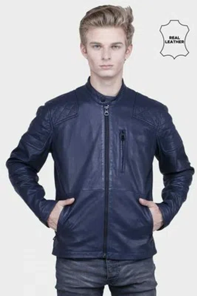 Pre-owned Goldensleather Genuine Quilted Blue Lambskin Leather Bomber Biker Jacket For Men