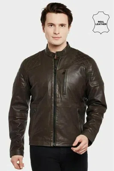Pre-owned Goldensleather Genuine Quilted Brown Lambskin Leather Bomber Biker Jacket For Men