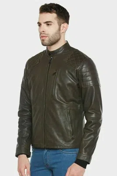 Pre-owned Goldensleather Genuine Quilted Olive Green Lambskin Leather Bomber Biker Jacket For Men
