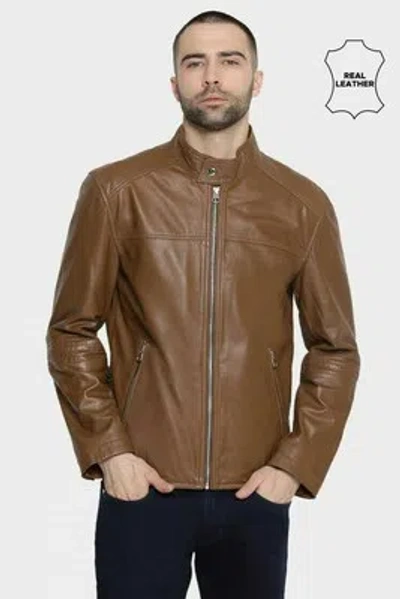 Pre-owned Goldensleather Genuine Tan Lambskin Leather Classic Bomber Biker Zipper Jacket For Men
