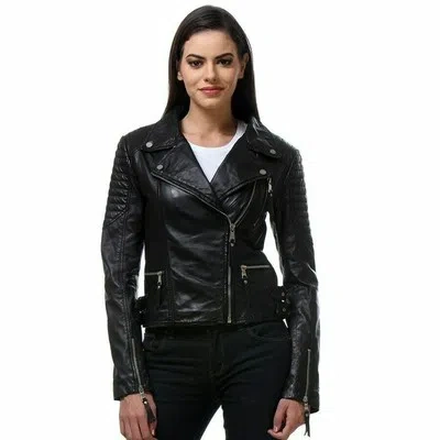 Pre-owned Goldensleather Stylish Women's Lambskin Real Black Leather Bomber Motorcycle Jacket