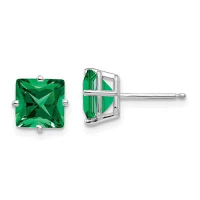 Pre-owned Goldia Jewelry Women's Earrings 14k White Gold Princess Cut Green Mount St. Helens, 7mm