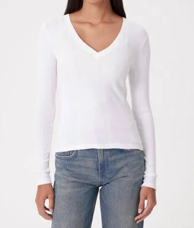 Goldie Long Sleeve Cotton Rib V Neck Top In White