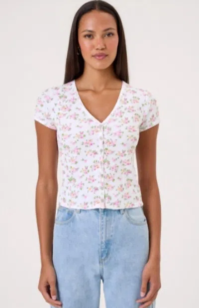 Goldie Tees Fleur Pointelle Short Sleeve V Neck Cardigan In Floral White