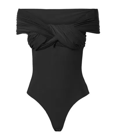 Goldsign Off-the-shoulder Twist-front Ruched Stretch-jersey Thong Bodysuit In Black