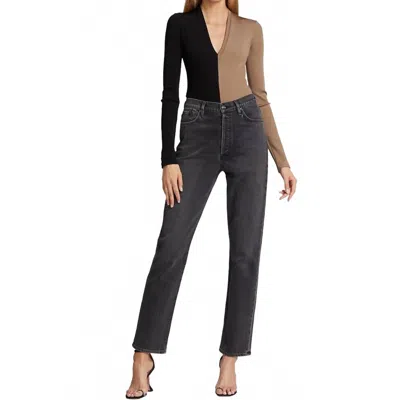 Goldsign Rib Deep V-neck Bodysuit In Tan/black In Gray