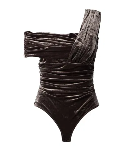Goldsign The Tilson One-shoulder Gathered Stretch-velvet Bodysuit In Brown