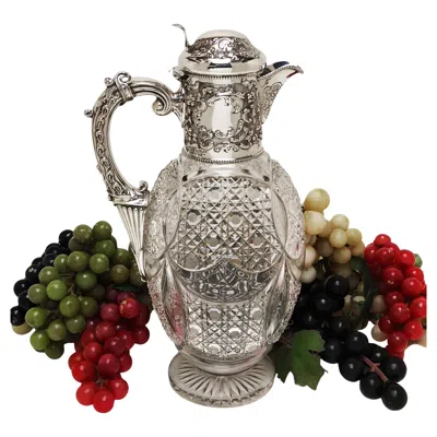 Pre-owned Goldsmiths & Silversmiths Co. Ltd. Antique Edwardian Silver & Cut Glass Claret Jug / Wine Decanter 1904 In Red