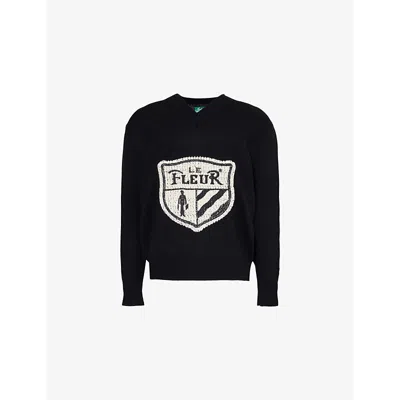 Golf Le Fleur Mens Black Embroidered-branding V-neck Wool-knit Jumper