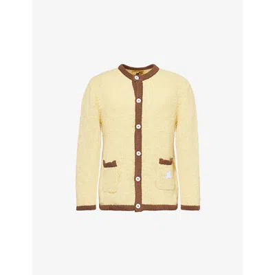 Golf Le Fleur Mens Crew-neck Contrast-trim Knitted Virgin-wool Blend Cardigan Yellow
