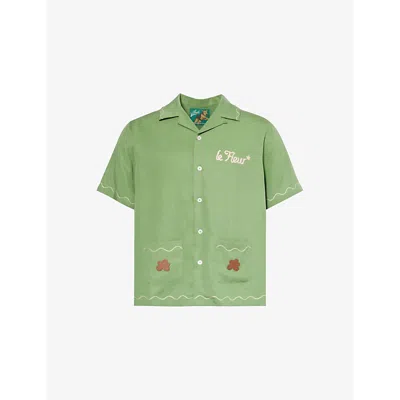 Golf Le Fleur Mens Green Petalers Embroidered Twill Shirt In Green