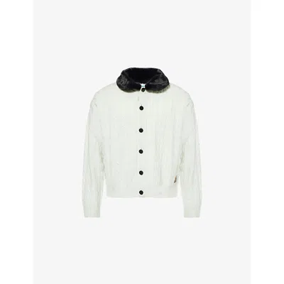 Golf Le Fleur Mens Mint Faux-fur-collar Cable-knit Wool-blend Cardigan