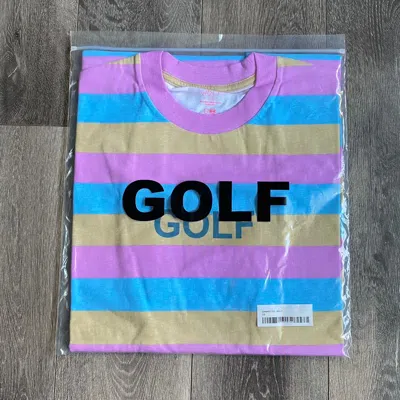Pre-owned Golf Wang X Tyler The Creator Golf Wang Wolf Bimmer Stripe Logo Tee Shirt 10 Year In Blue Pink Yellow Stripe