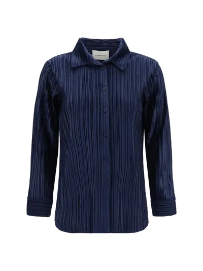 Gongdid Design Shirt In Fine Striped Velvet-like Fabric In Navy