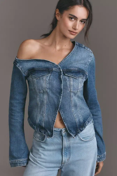 Good American Asymmetric Denim Shirt Top In Blue