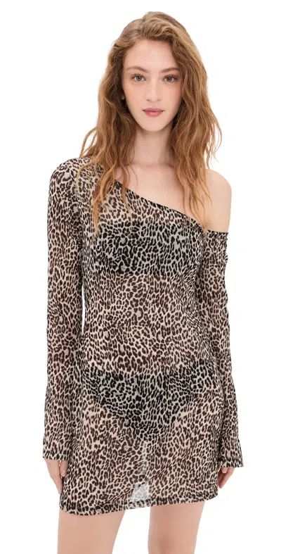 Good American Asymmetric Long Sleeve Mesh Mini Dress Lucky Leopard001 In Multi