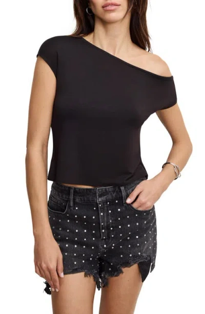 Good American Asymmetric Off The Shoulder Jersey Top In Black001