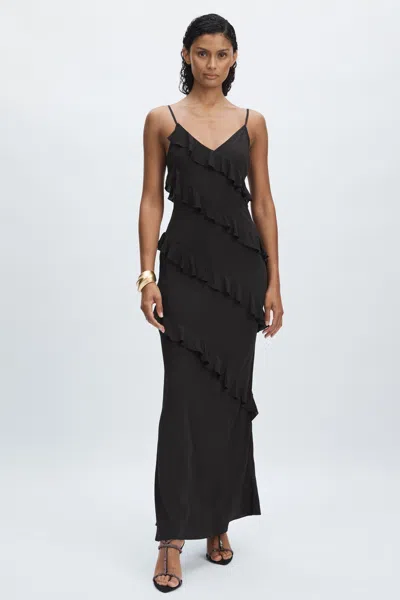 GOOD AMERICAN GOOD AMERICAN BLACK RUFFLED CHIFFON SLIP DRESS