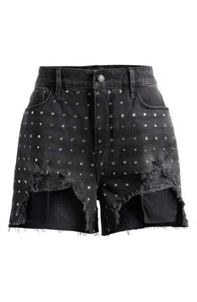 Good American Bombshell Crystal Embellished Destroyed Cutoff Denim Shorts In Black351