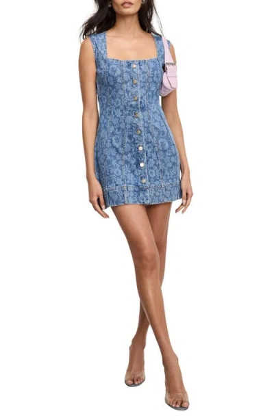 Good American Button-up Floral Power Stretch Denim Minidress In Blue