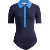 Good American Womens Midnight002 Cable-knit Polo-collar Knitted Bodysuit Xs In Blue