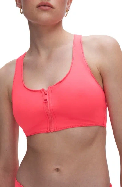 Good American Compression Zip-up Sports Bra In Fiery Coral 002