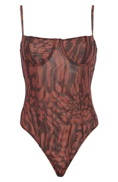 Good American Corset Demi Mesh Bodysuit In Brown