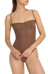 Good American Mesh Bustier Thong Bodysuit Saddlewood In Brown