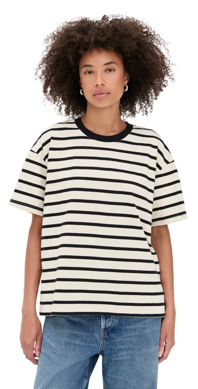 GOOD AMERICAN COTTON OVERSIZED TEE BLACK/ECRU WIDE STRIPE