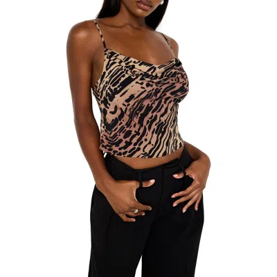 Good American Cowl Neck Bias Cut Chiffon Camisole In Warped Leopard004