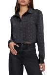 Good American Crystal Embellished Satin Button-up Crop Shirt In Black001