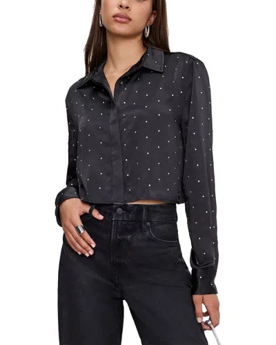 Good American Crystal Embellished Satin Button-up Crop Shirt In Black001