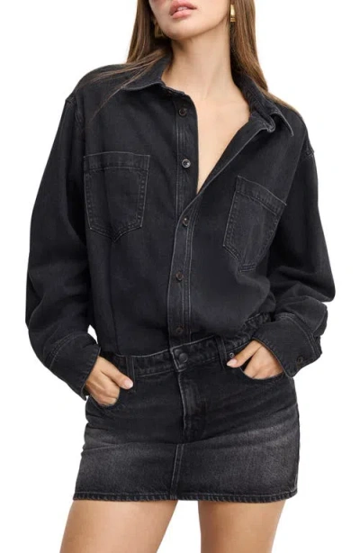 Good American Denim Long Sleeve Mini Shirtdress In Black
