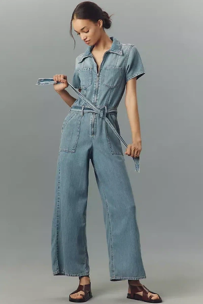Good American Fit For Success Lite Linen Denim Cropped Jumpsuit In Blue