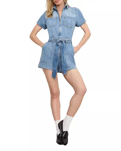 Good American Fit For Success Lite Linen Denim Shorts Romper In Indigo In Blue