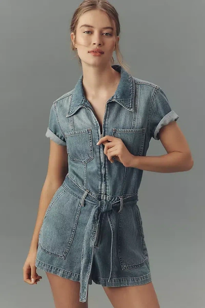 Good American Fit For Success Lite Linen Short-sleeve Denim Romper