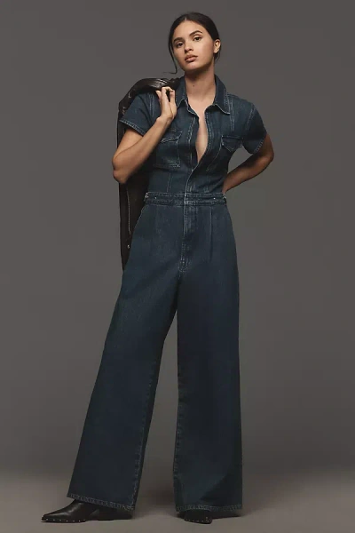 Good American Fit For Success Pleated Wide-leg Jumpsuit In Blue