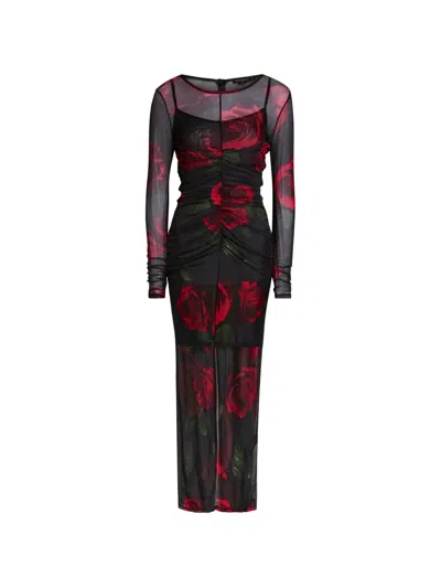 Good American Ruched Long Sleeve Mesh Maxi Dress In Multi