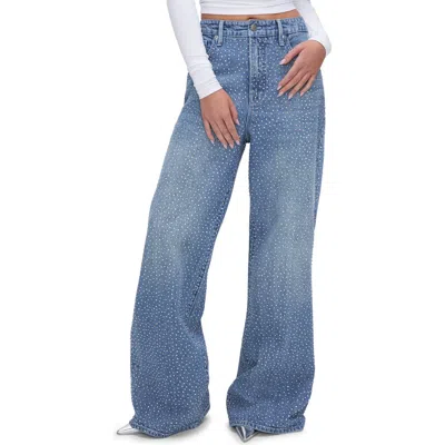 Good American Good Ease Crystal Embellished Wide Leg Jeans In Indigo