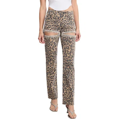 Good American Good Icon Crystal Embellished Cutout Straight Leg Jeans In Animal Print