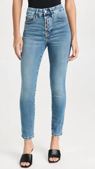 Good American Good Legs Crop Partial Exposed Button Fly Jeans In Indigo564 In Blue