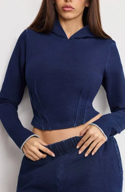 Good American Jeanius Crop Corset French Terry Hoodie In Blue