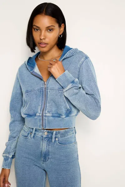 Good American Jeanius Cropped Zip Hoodie In Indigo In Blue