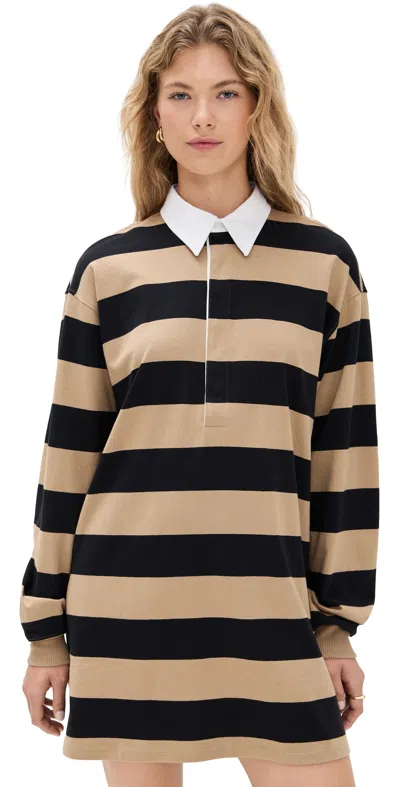 Good American Jersey Polo Mini Dress Khaki/black Rugby Stripe In Brown