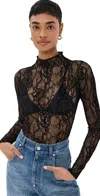 Good American Lace Long Sleeve Thong Bodysuit Black001 In Black001