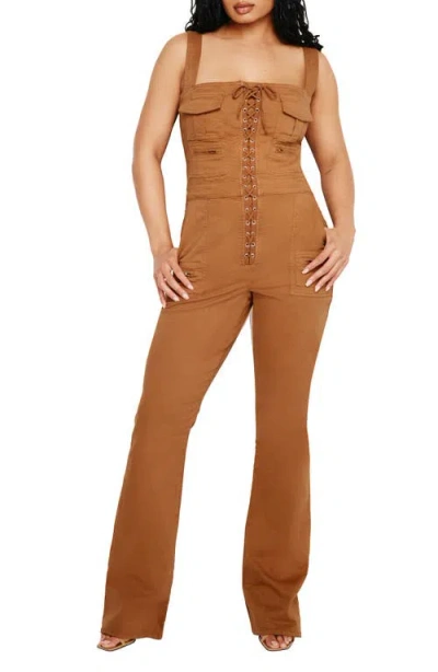 Good American Lace-up Utility Twill Jumpsuit In Canyon003