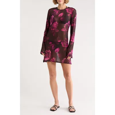 Good American Long Sleeve Mesh Minidress In Brown